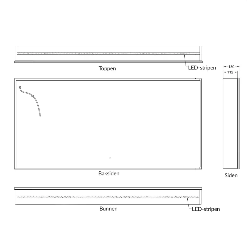 Badnor Leah speilskap (144cm), sort, m/stikkontakt og LED-lys