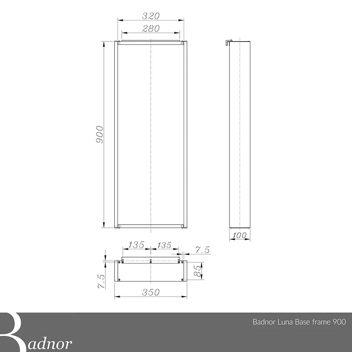 Badnor Luna Base - dusjhylle 900mm med 3 hyller - MATT SORT aluminium