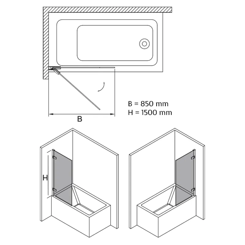 Badnor Sterling Straight badekarvegg 85x150cm (8mm glass) Venstre
