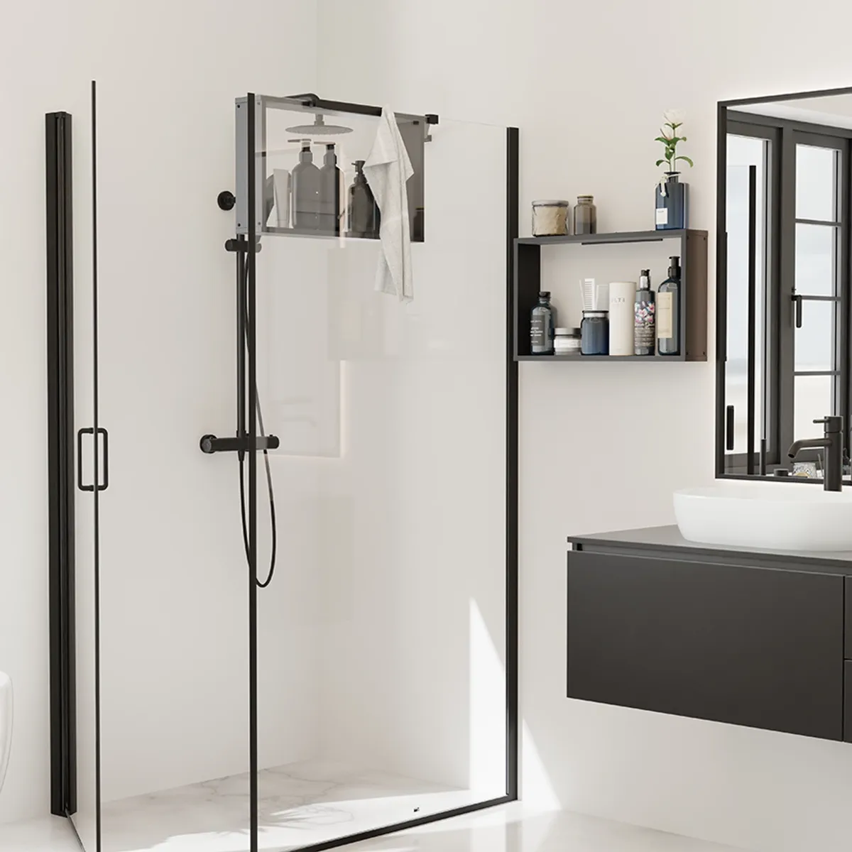 Badnor Luna Base - dusjhylle 600mm med håndklestang - MATT SORT aluminium