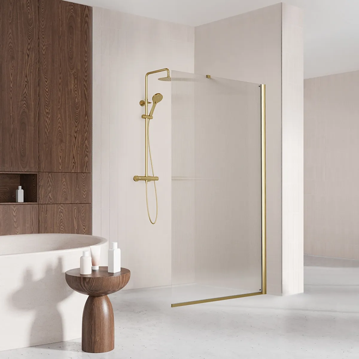 Badnor Shildon dusjvegg/walk-in hjørne - BØRSTET GULL - FLUTED glassfelt - 110cm