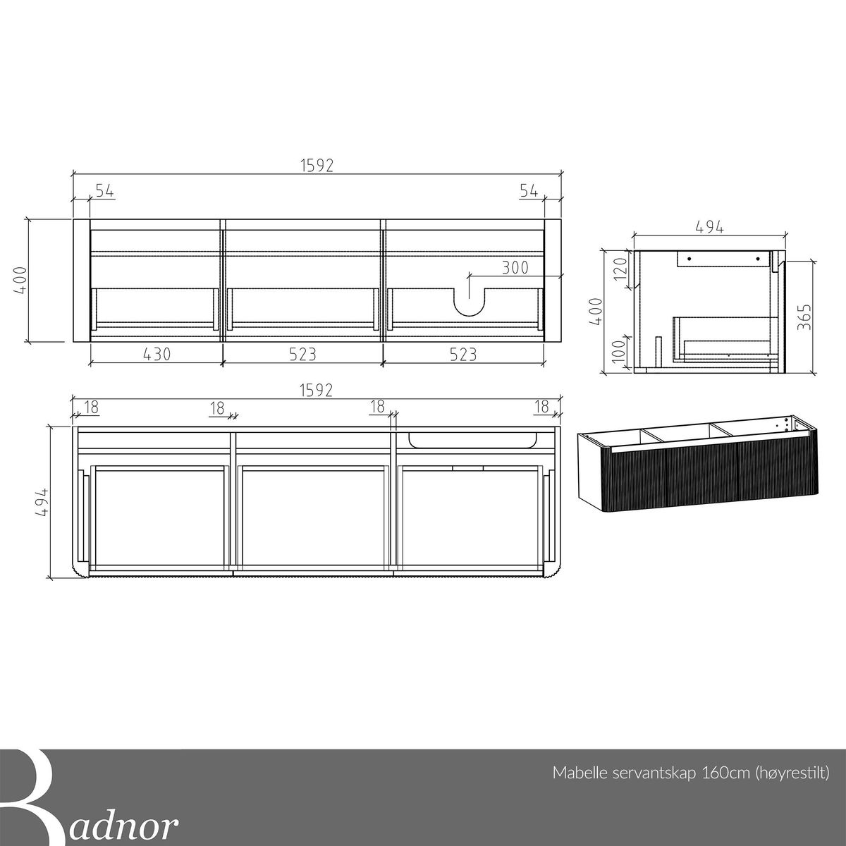 Badnor Mabelle 160cm servantskap m/silkestein topplate (HØYRE) 