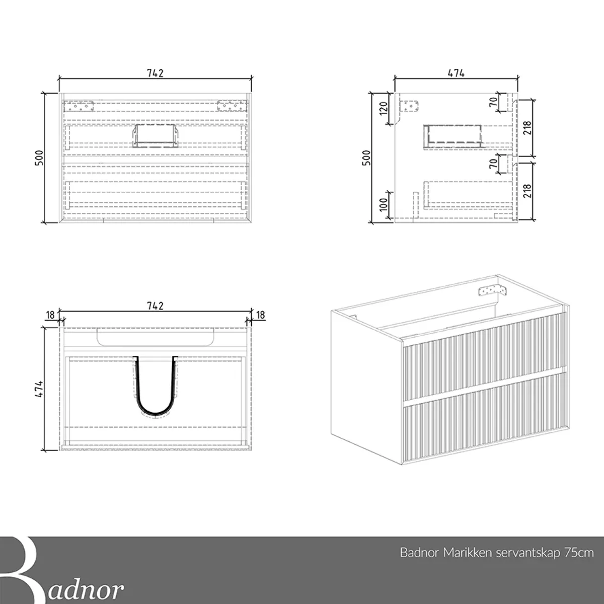Badnor Marikken 75cm servantskap i LYS EIK/HVIT SPILE, m/hvit servant