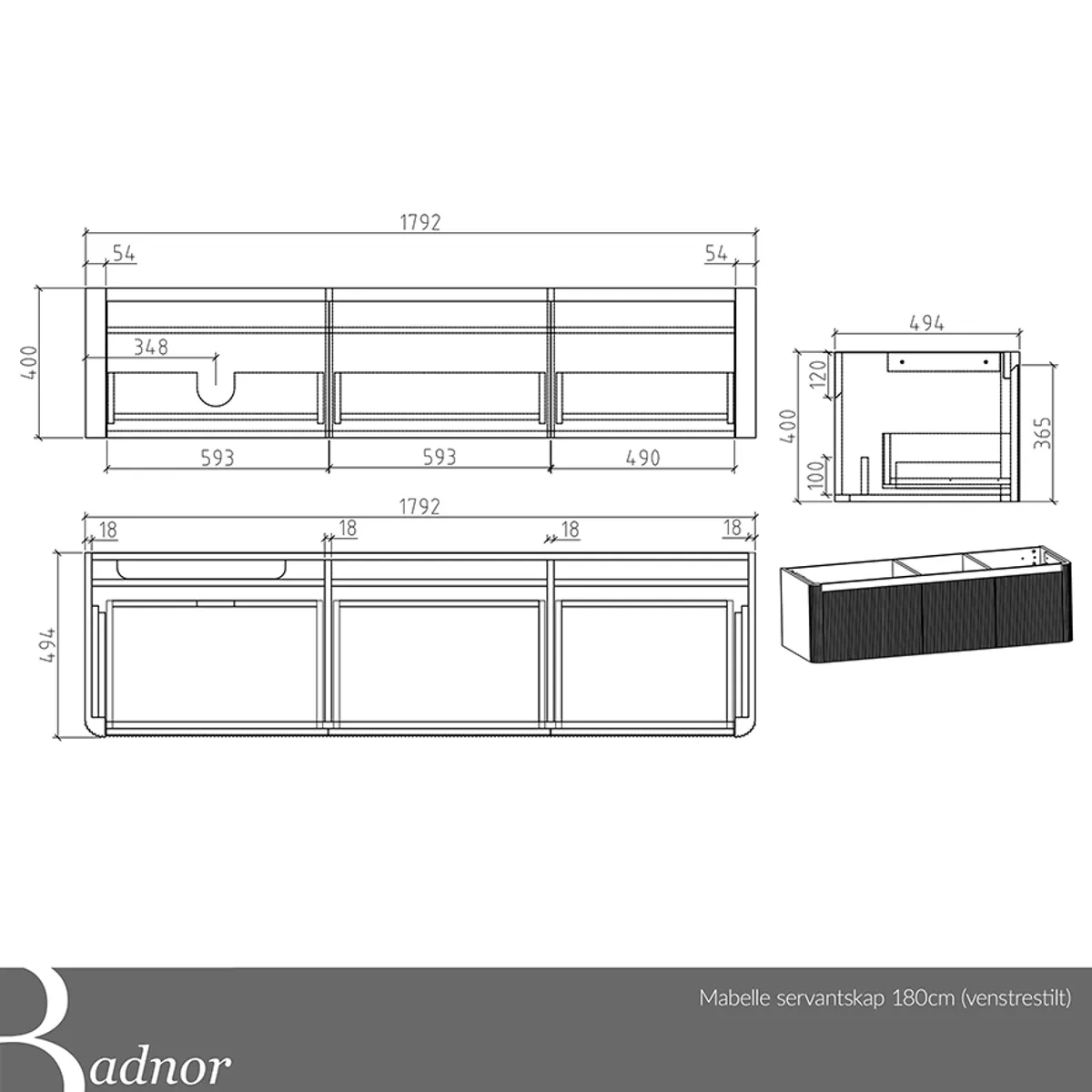 Badnor Mabelle 180cm (VENSTRE) mbl.pk (9903) Sienna speil