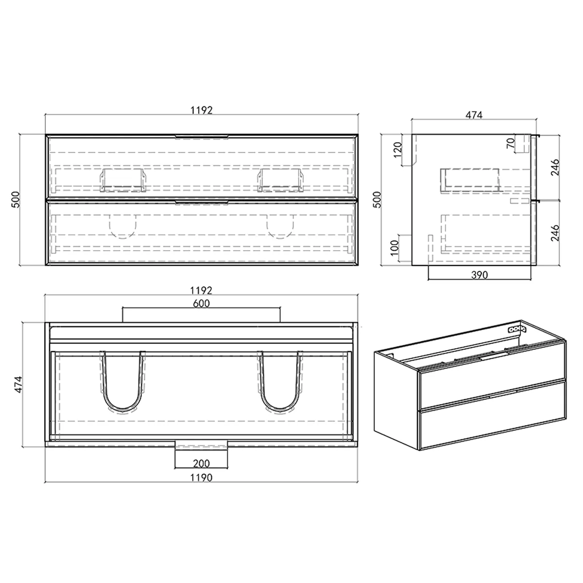 Badnor Melissa 120cm mbl.pk m/dobbel servant (97530) Lucy speil m/lys