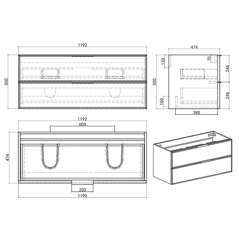 Badnor Melissa 120cm mbl.pk m/dobbel servant (97530) Lucy speil m/lys