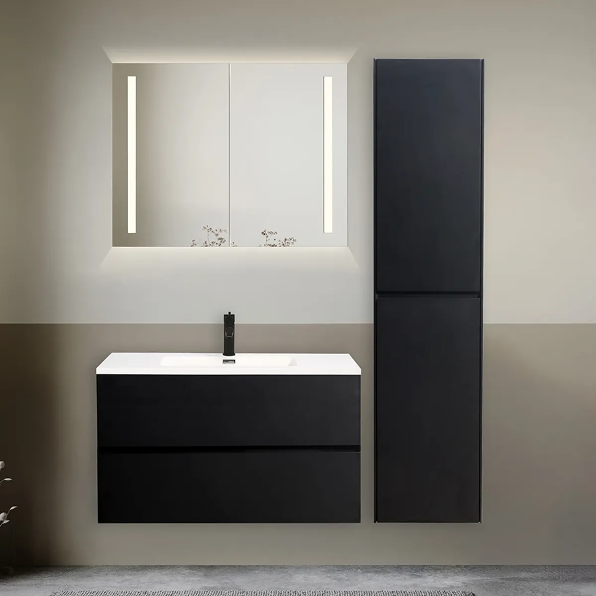 Badnor Melanie SORT 90+40cm - hvit servant (0217) Leah speilskap