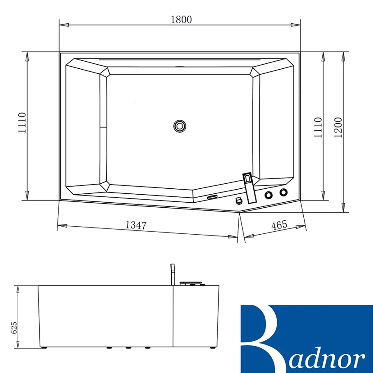 Badnor Nicola designbadekar m/ innb. blandebatt. 180x120cm